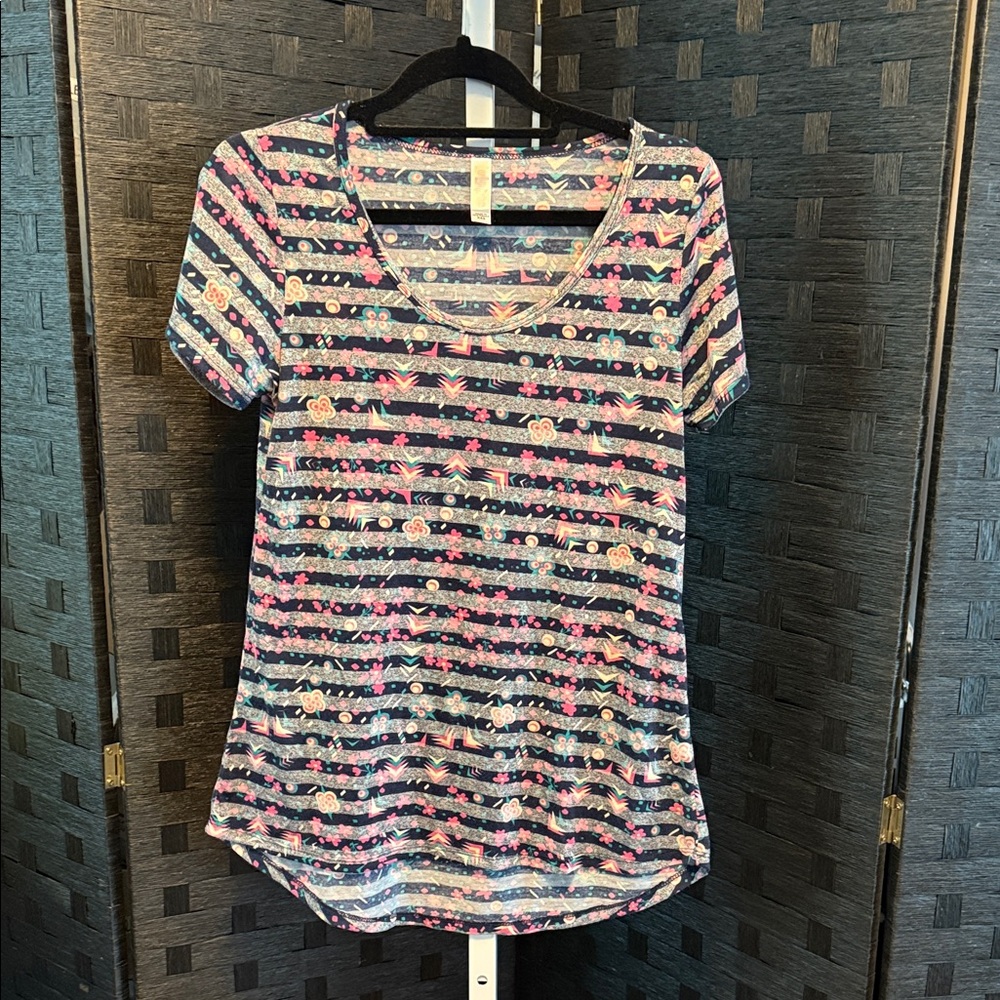 LuLaRoe Multicolor Floral Striped Short Sleeve Top T Shirt